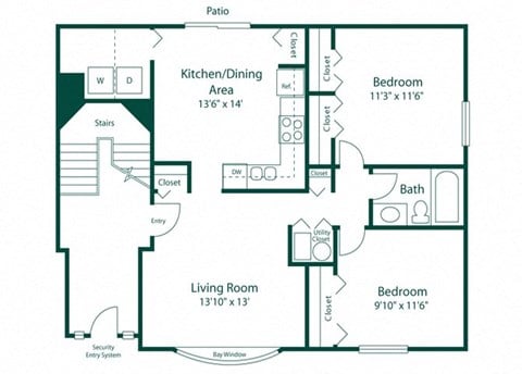 Floor plan for 2 beds, 1 bath, 900 sqft